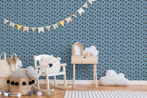 Removable wallpaper featuring a pattern of cartoonish astronauts on a blue background with stars.
