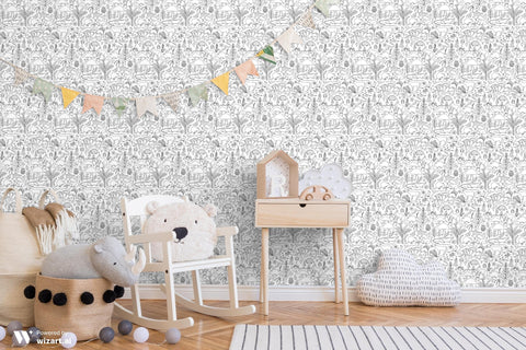 removable wallpaper featuring handdrawn doodles of Australian wildlife and plants in black and white.
