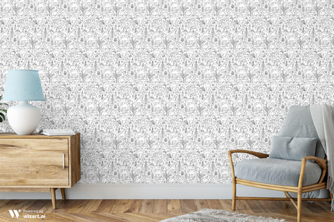 removable wallpaper featuring handdrawn doodles of Australian wildlife and plants in black and white.