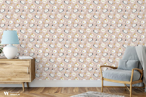 removable wallpaper with a pattern featuring moons, stars, and other space-themed elements on a pink background.