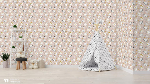 removable wallpaper with a pattern featuring moons, stars, and other space-themed elements on a pink background.