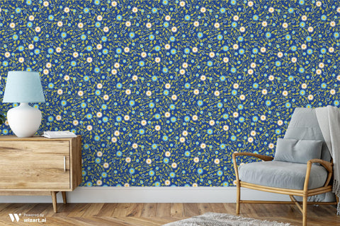 wallpaper with a floral pattern featuring blue, green, and white colors.