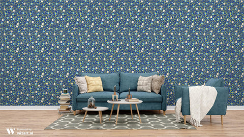 wallpaper with a floral pattern featuring blue, green, and white colors.