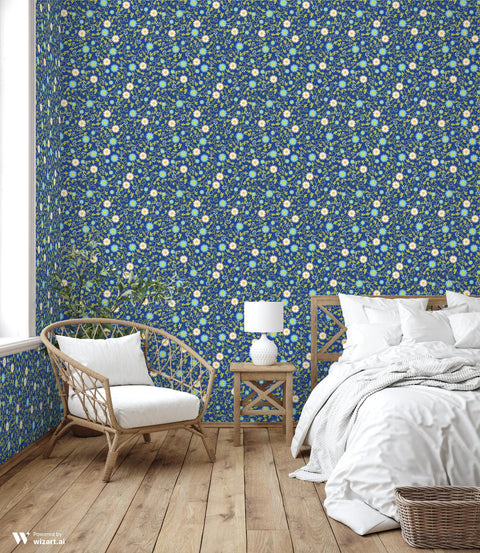 wallpaper with a floral pattern featuring blue, green, and white colors.