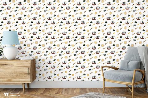 Removable wallpaper with a pirate theme, featuring patterns of pirate ships, skulls, and anchors in white background.
