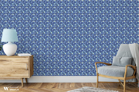 wallpaper with a blue and purple floral folk design.