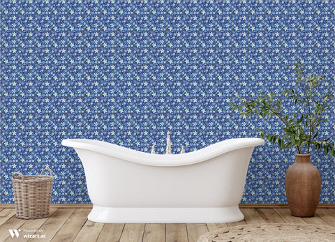 wallpaper with a blue and purple floral folk design.