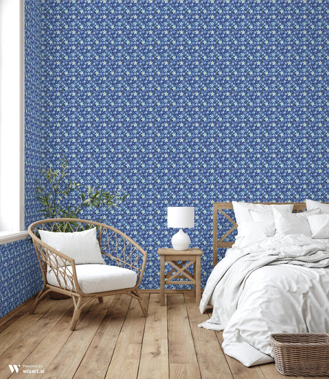 wallpaper with a blue and purple floral folk design.