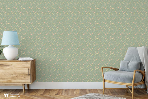 wallpaper with a green background featuring a pattern of floral and bunny motifs in pink and yellow.