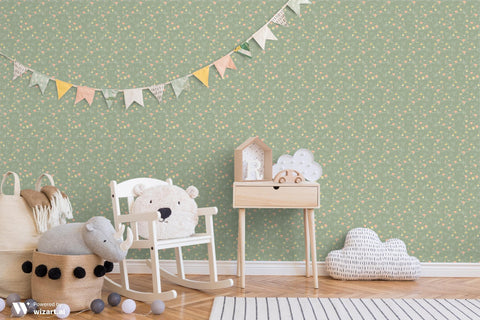 wallpaper with a green background featuring a pattern of floral and bunny motifs in pink and yellow.