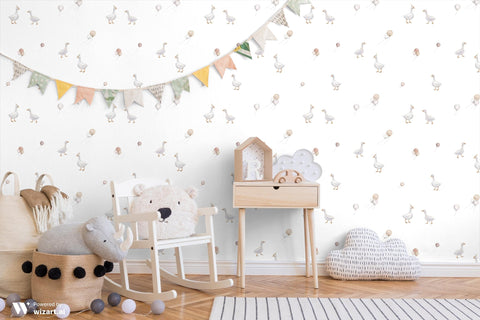 wallpaper with a design featuring white geese and balloons in a grey background.