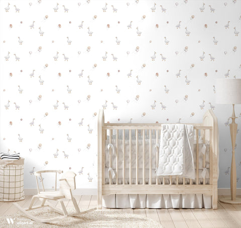 wallpaper with a design featuring white geese and balloons in a grey background.