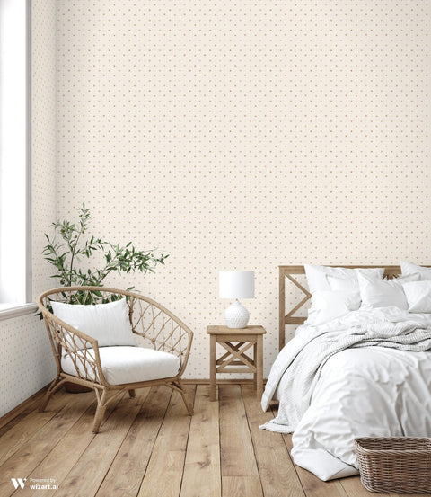 white wallpaper with a pattern of small, orange and dark brown eye motifs distributed evenly across the surface.