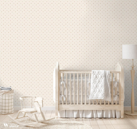 white wallpaper with a pattern of small, orange and dark brown eye motifs distributed evenly across the surface.