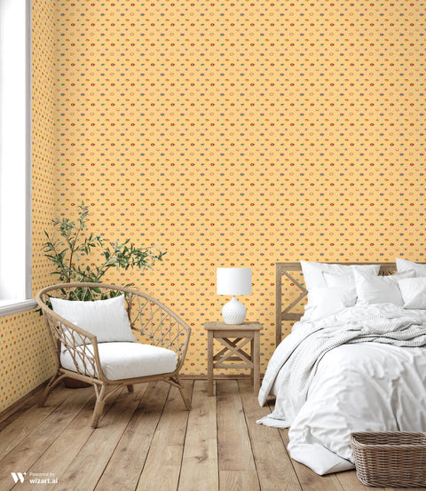 wallpaper with a pattern of various colorful eyes on a yellow background.