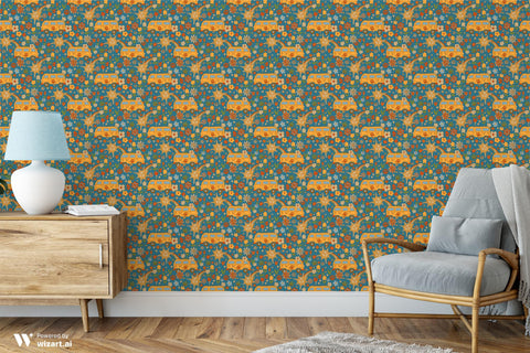 wallpaper with a retro pattern featuring flowers, stars, and vans in a vibrant color palette.