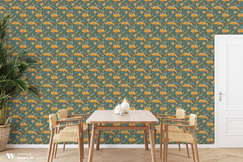 wallpaper with a retro pattern featuring flowers, stars, and vans in a vibrant color palette.