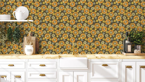 wallpaper with a 60's floral pattern featuring earthy tones and yellow daisies on a brown background.