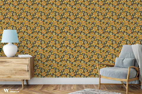 wallpaper with a 60's floral pattern featuring earthy tones and yellow daisies on a brown background.