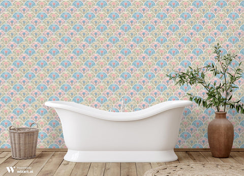wallpaper with a floral pattern featuring blue and pink colors.