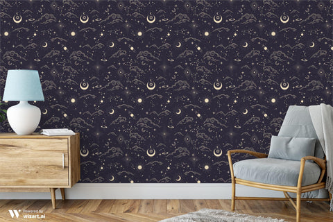 removable wallpaper with a dark background featuring gold stars, moons, and cloud patterns.