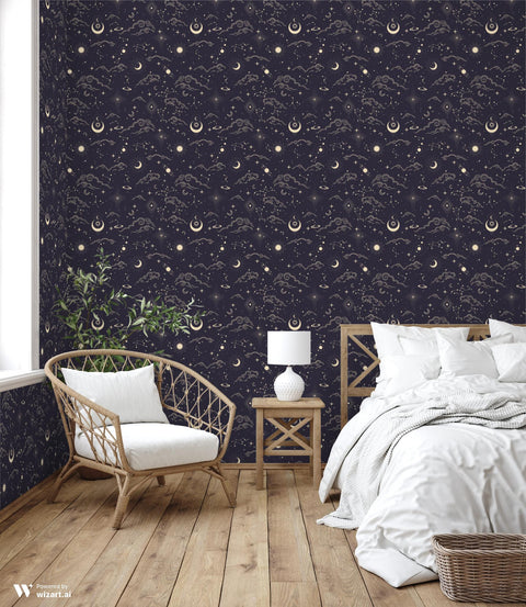 removable wallpaper with a dark background featuring gold stars, moons, and cloud patterns.