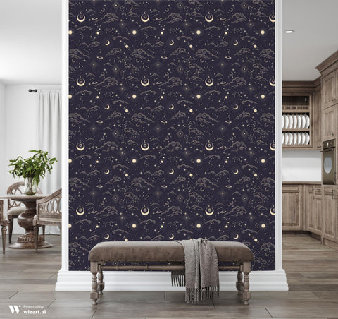 removable wallpaper with a dark background featuring gold stars, moons, and cloud patterns.