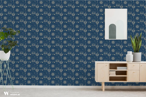 dark blue wallpaper with a pattern featuring celestial bodies such as moons, stars, and suns.