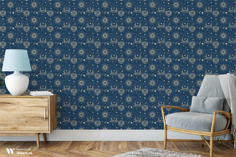 dark blue wallpaper with a pattern featuring celestial bodies such as moons, stars, and suns.
