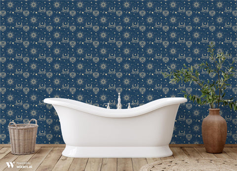 dark blue wallpaper with a pattern featuring celestial bodies such as moons, stars, and suns.
