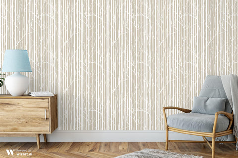 Tree Branches removable wallpaper in beige and white with a pattern of vertical lines and tree branches.