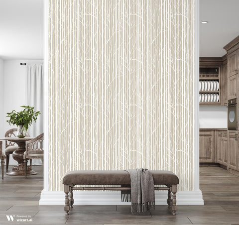 Tree Branches removable wallpaper in beige and white with a pattern of vertical lines and tree branches.