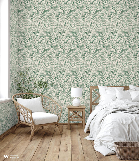 wallpaper featuring a green floral pattern with various weeds and wildflowers on a beige background.