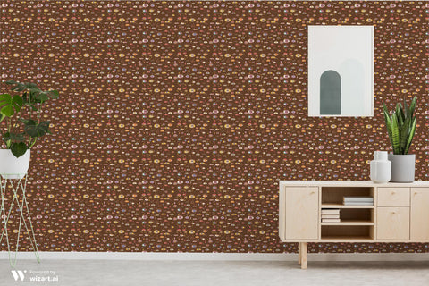 removable wallpaper with a pattern of various eyes in different colors on a brown background.