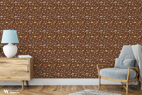 removable wallpaper with a pattern of various eyes in different colors on a brown background.