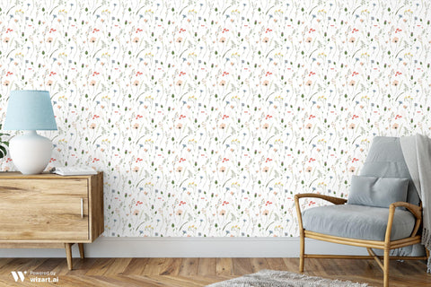 floral wallpaper with a pattern of various meadow flowers.