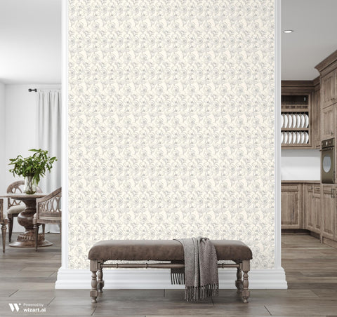 beige wallpaper with a pattern of hand-drawn poppy flowers.