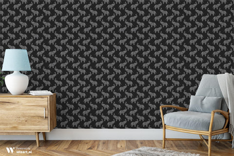 removable wallpaper with a pattern of black and white elephants inspired by traditional tribal motifs.