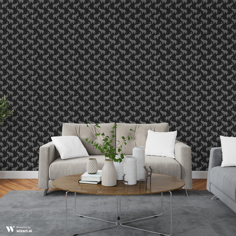 removable wallpaper with a pattern of black and white elephants inspired by traditional tribal motifs.