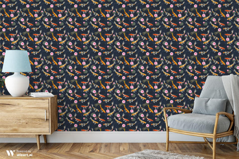 removable wallpaper with a serene koi pond design, featuring colorful fish and pink lotus flowers against a dark background.