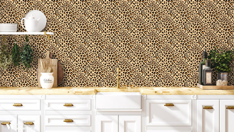 removable wallpaper with a leopard skin pattern, featuring various shades of beige and brown.