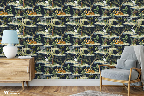 removable wallpaper with a jungle watering hole scene, featuring tigers, zebras, and various foliage against a dark background.