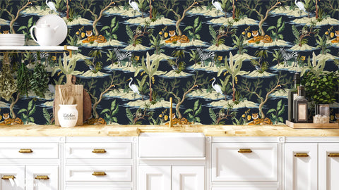 removable wallpaper with a jungle watering hole scene, featuring tigers, zebras, and various foliage against a dark background.