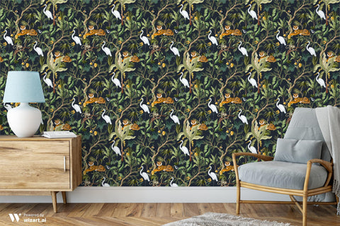 removable wallpaper with a tropical design featuring tigers, swans, and lush foliage on a dark background.
