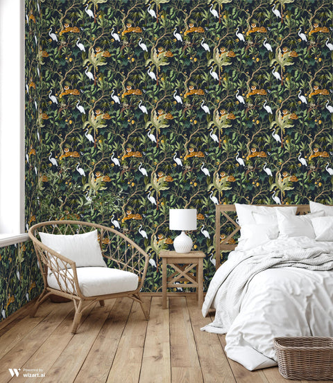 removable wallpaper with a tropical design featuring tigers, swans, and lush foliage on a dark background.