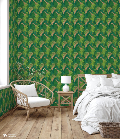 removable wallpaper featuring a pattern with giraffes and green foliage.