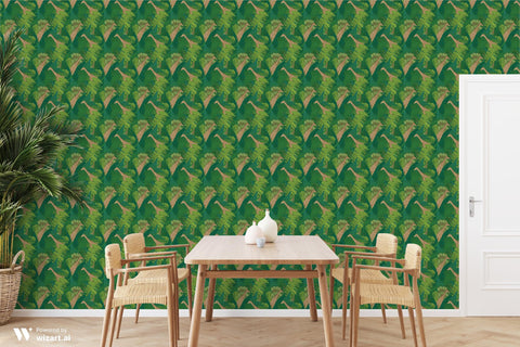 removable wallpaper featuring a pattern with giraffes and green foliage.