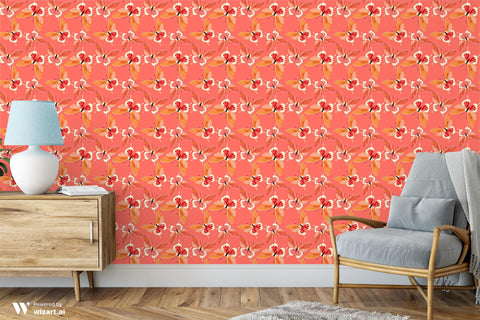 removable wallpaper with a pattern of coral and peach butterflies on a coral background.