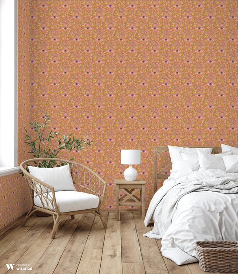 wallpaper with a pattern featuring geometric shapes and eyes in a bohemian style.
