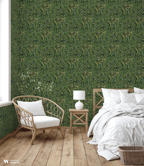 floral patterned wallpaper with green leaves and white flowers.